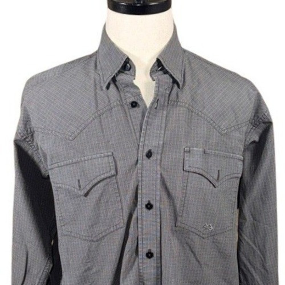 Miller Ranch Mens Western Button Down Shirt Grey Check Cotton Long Sleeve Large